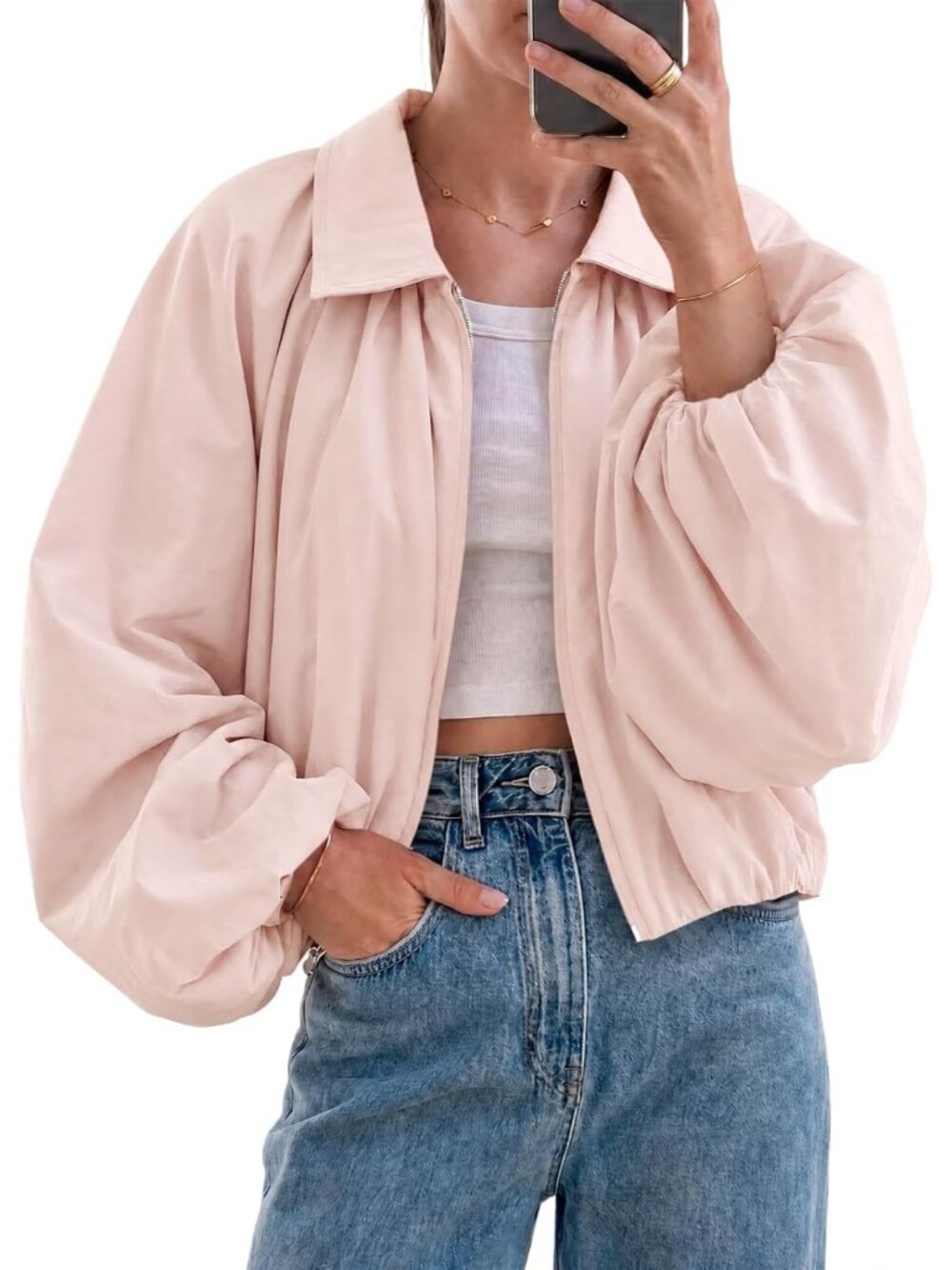 Women's Pink Stylish Bomber Coat Fall Casual Zip Up Outerwear Cropped Jackets